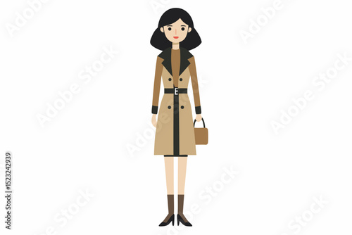 Woman in trench coat, holding handbag, elegant fashion style, flat vector illustration, casual standing pose, daily attire, simple design, female character, brown and black color scheme.