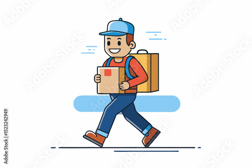 Delivery man carrying package, backpack, walking, logistics service, vector illustration, courier job, delivery task, smile, blue and red color, daily work.