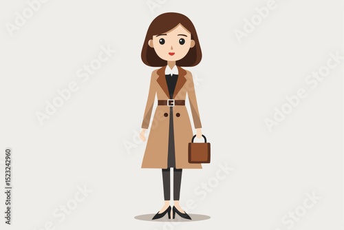 Cartoon woman in trench coat, carrying handbag, cute fashion, vector illustration, standing posture, daily clothing, simple design, female figure, brown and white color.
