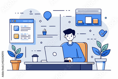 Man working at desk, using laptop, office environment, business or professional task, plants and digital elements, flat vector illustration.