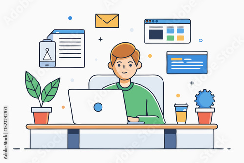 Man working at desk, using laptop, office environment, vector illustration, business task, plants and digital elements, green and blue color, daily work, employee figure.