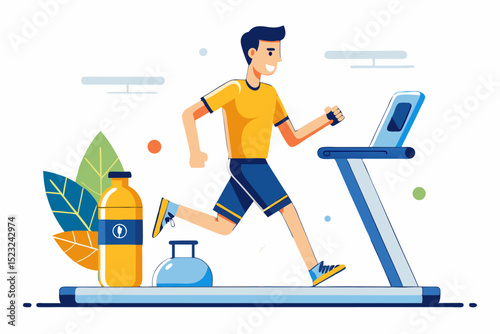 Man running on treadmill, fitness equipment, sport activity, vector illustration, healthy lifestyle, yellow and blue color, gym scene, daily workout, exercise task.