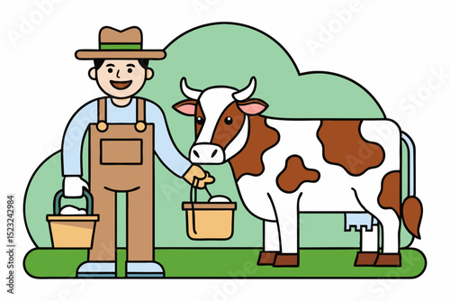 Farmer with cow, straw hat, overalls, farm scene, vector illustration, rural life, feeding task, green and brown color, daily work, agricultural character.