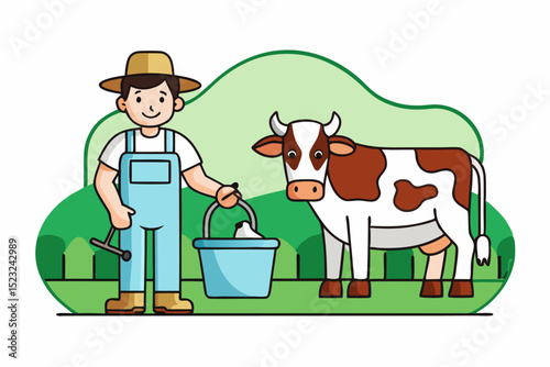 Farmer and cow, straw hat, overalls, farm life, vector illustration, rural work, feeding activity, green and blue color, daily task, agricultural figure.
