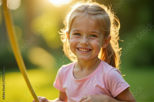 A happy young girl smiling while playing with a bright yellow frisbee in an outdoor setting