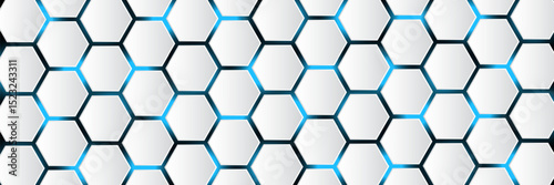 White 3d hexagonal technology vector abstract background. Blue bright energy flashes under hexagon in modern technology futuristic background vector illustration. White honeycomb texture grid.