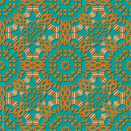 3d Seamless ornamental beautiful pattern with turquoise background and gold brown vintage ornaments. Elegant decorative endless texture for textile, wallpaper and design. Vector repeat ornate backdrop
