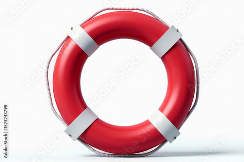 A bright red life preserver lying flat on a clean white surface