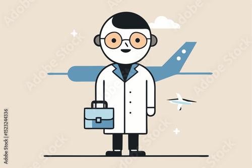Cartoon doctor, white coat, briefcase, airplane background, medical professional, travel medicine, vector illustration, healthcare worker, medical expert, doctor character.