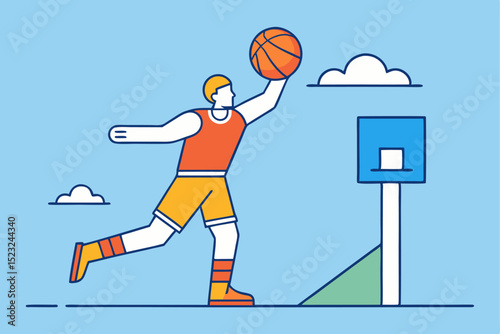 Basketball player, shooting action, sport game, basketball hoop, active sport, athletic activity, vector illustration, game play, physical exercise, sport scene.