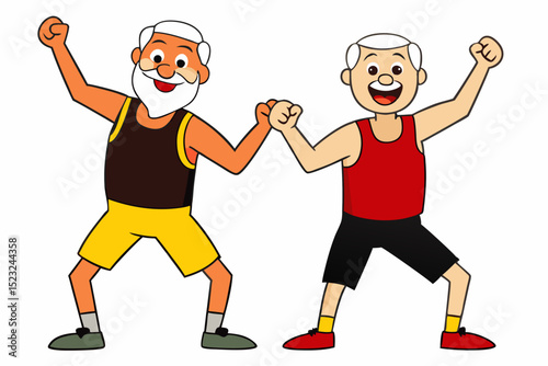 Elderly men, exercise, cheering, active seniors, sporty, vector illustration, fitness, joy, friendship, older adults.