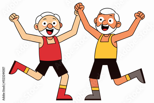 Elderly men, exercise, cheering, active seniors, sporty, vector illustration, fitness, joy, friendship, older adults.