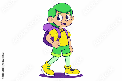 Young boy, school, backpack, happy expression, student, vector illustration, childhood, education, kid, daily life.