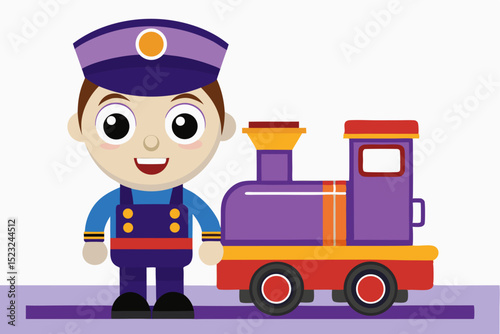 Cartoon train conductor with toy locomotive, railway role play, childhood imagination, purple uniform, friendly character,