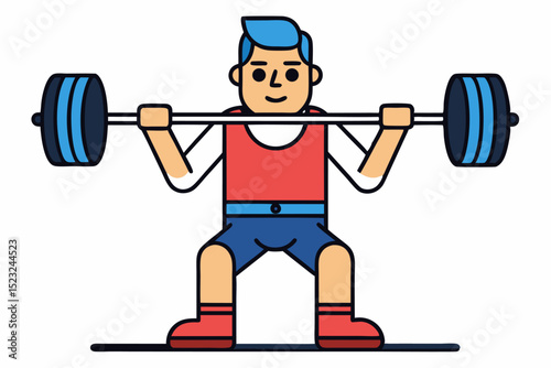 Man lifting barbell, strength training, gym workout, fitness routine, weightlifting exercise, red vest, blue shorts, athletic activity, bodybuilding concept