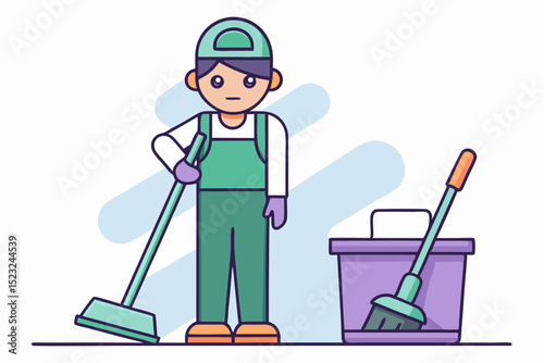 Man cleaner with mop, cleaning service, janitor role, green uniform, workplace hygiene, cleaning tools, professional duty, daily chore, clean environment concept