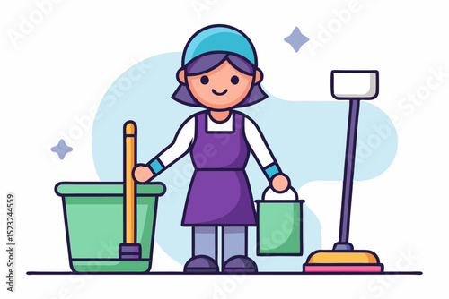 Woman cleaner with tools, cleaning service, janitor role, purple uniform, workplace hygiene, cleaning tools, professional duty, daily chore, clean environment concept