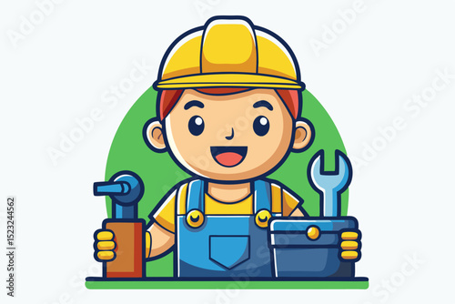 Worker with toolbox, construction job, handyman role, green helmet, professional duty, repair tools, workplace activity, building concept, vibrant work scene