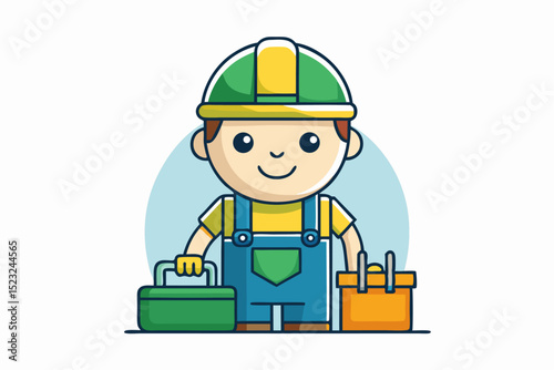 Worker with tools, construction job, handyman role, yellow helmet, professional duty, repair tools, workplace activity, building concept, vibrant work scene