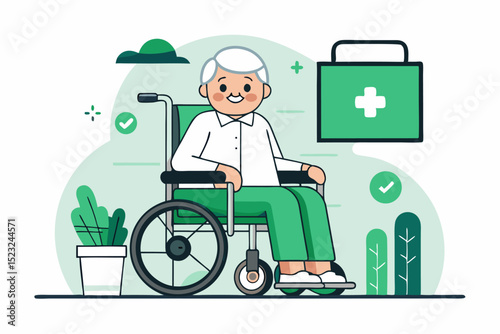Elderly man in wheelchair, healthcare support, senior care, medical assistance, green theme, wellness concept, daily living, accessible environment, vibrant care scene