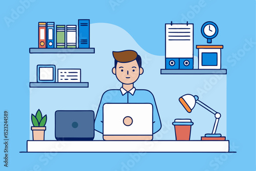 Man working at office desk, business professional, workspace setup, laptop computer, office supplies, blue theme, productivity concept, work routine, organized desk, vector illustration