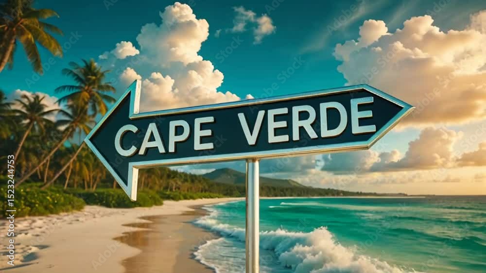 on the pole there is a direction arrow with the inscription      Cape Verde  against the background of a picturesque  summer landscape
