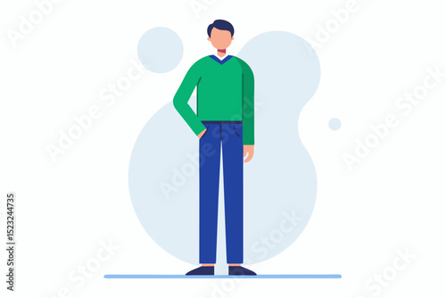 Man standing, green sweater, blue pants, casual outfit, simple pose, daily style, vector character, male figure, relaxed stance, modern fashion.
