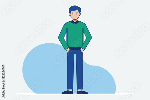 Man standing, green sweater, blue pants, hands in pockets, casual outfit, simple pose, daily style, vector character, male figure, relaxed stance.