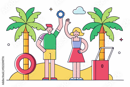 People on beach, palm trees, float ring, summer vacation, vector illustration, holiday fun, couple activity, tropical scene, seaside relax, joyful moment.