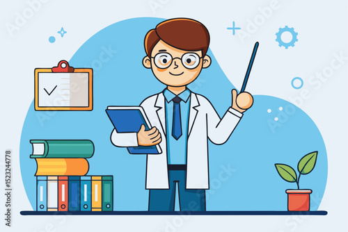 Man teaching, white coat, blue shirt, tie, books, vector character, education scene, classroom moment, lecture activity, academic work.