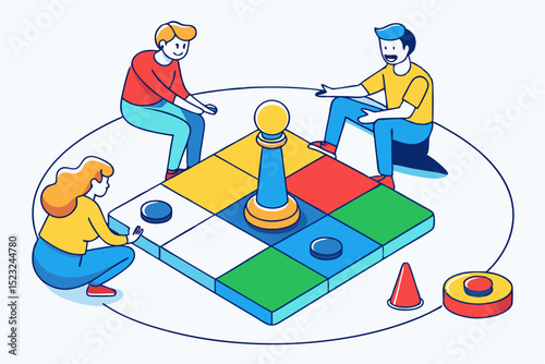 People playing board game, three players, colorful board, strategy game, leisure activity, vector character, game night, social moment, fun play, competitive scene.