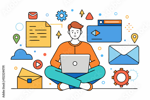 Man working, laptop, surrounded by icons, vector illustration, digital work, productivity, office task, business activity, tech job, remote work.