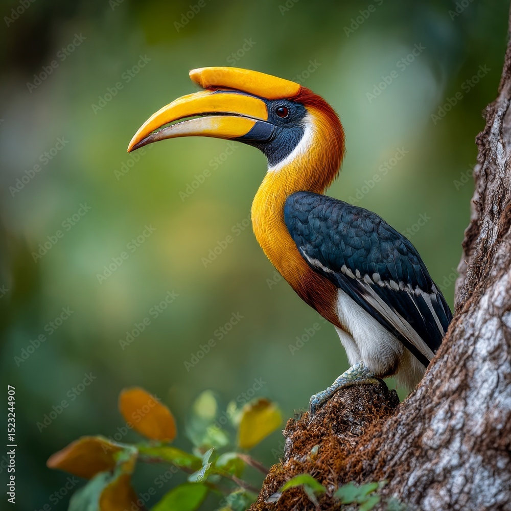 Fototapeta premium vibrant hornbill perched on a tree on beak and feathers soft tropical forest background