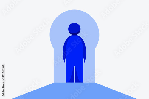 Person standing in keyhole door, opportunity discovery, career path, personal growth, life journey, self - exploration, future chance, life choice, personal development, life transition concept.