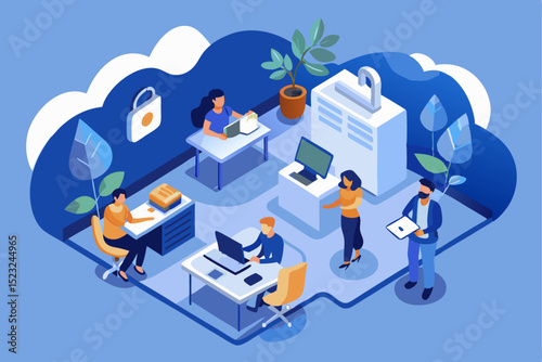 People working in secure cloud office, cloud security, data protection, team collaboration, remote work, digital workspace, corporate job, online meeting, professional environment, modern work concept
