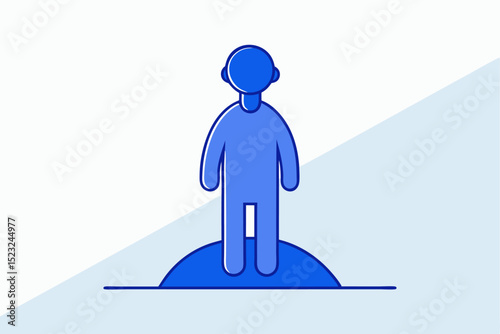 Blue simple - drawn figure standing on small mound, minimalist character, simple illustration, blue person, standing pose, flat design, basic shape, human figure, graphic element, vector art concept.