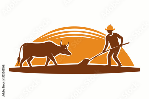 Farmer and ox plowing illustration, rural farming, agricultural scene, traditional plow, sunset background, brown silhouette, farming lifestyle, vector art, countryside work, agrarian icon.