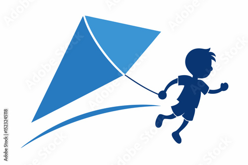 Blue silhouette figure flying kite, leisure pastime, kite flying, blue character, outdoor activity, vector art, graphic design, childhood fun, playful icon, kite symbol.