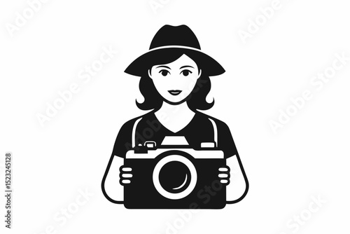 Character icon with wide - brimmed hat and camera, photography enthusiast, travel photographer, black hat, camera, vector art, tourist symbol, minimalist design, photographer icon, travel icon.