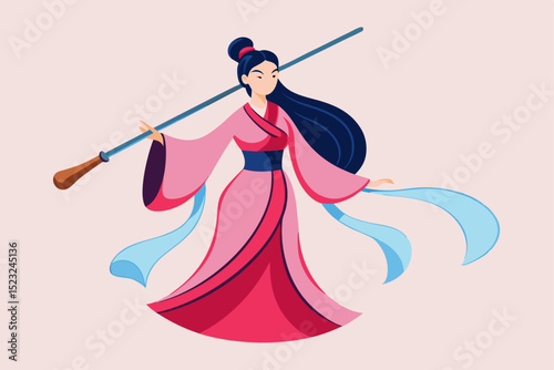 Ancient - style woman with long pole illustration, traditional Chinese figure, martial arts, pink robe, long hair, vector art, cultural icon, historical character, Asian art, warrior woman.