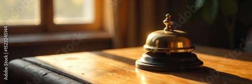 A vintage brass hotel bell sits on a worn wooden table, ready to summon service Sunlight streams through a nearby window, casting a warm glow on the polished surface , retro, hotel, golden