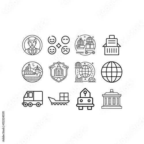 Happiness. Harbor.Container.Branding. line Icon set vactor