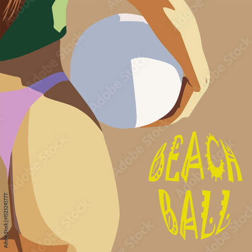 Vector illustration of a girl in a swimsuit with a ball in her hands on a sand background, for decorating your designs in the style of a sports lifestyle - beach volleyball