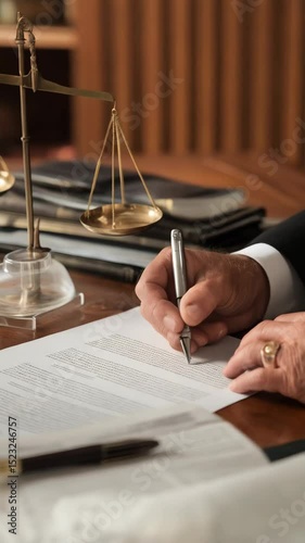 An attorney signing legal documents at a mahogany desk with a scales of justice statue in a classic law office setting.