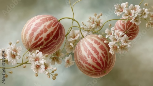 Vintage botanical illustration of watermelon vines with artistic flair
