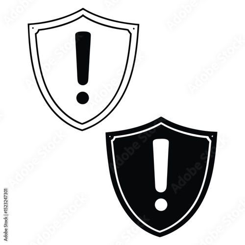 Security Alert Icons, black and white shield with exclamation mark symbol