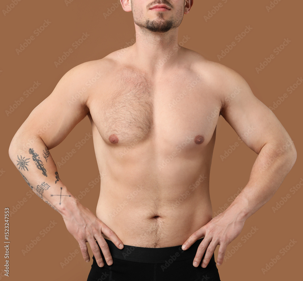 Fototapeta premium Man showing chest before and after epilation procedure on brown background, closeup