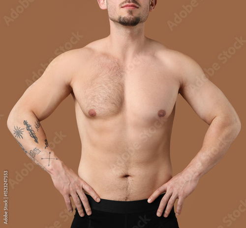 Man showing chest before and after epilation procedure on brown background, closeup