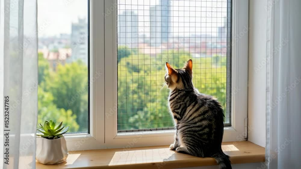 Tabby cat sitting on windowsill behind protective mesh screen looking outside in city apartment