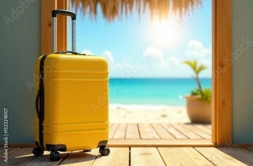 A yellow travel suitcase stands on the threshold of a beach bungalow, the seascape is out of focus behind, space for text